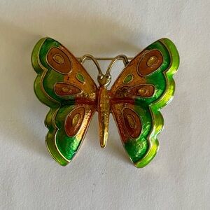 Vintage Signed Don-Lin Butterfly Brooch Enamel and Goldtone Green